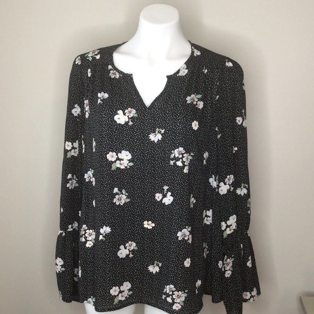 Renee C. Black Floral Print Long Sleeve Blouse Size L